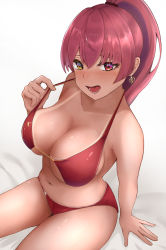 Rule 34 | 1girl, :d, bare arms, bare shoulders, bed sheet, bikini, bikini tan, blush, breasts, cleavage, collarbone, earrings, heart, heart earrings, heterochromia, highres, hololive, houshou marine, houshou marine (summer), jewelry, large breasts, lifted by self, long hair, looking at viewer, navel, omotsuka 0, open mouth, ponytail, red bikini, red eyes, red hair, simple background, sitting, smile, solo, strap lift, swimsuit, tan, tanline, virtual youtuber, white background, yellow eyes