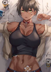 Rule 34 | 1girl, armpits, bandaid, bandaid on arm, bandaid on face, bandaid on stomach, bare shoulders, beer can, belt, black hair, black tank top, breasts, broken, broken chain, brown belt, can, chain, cigarette, cleavage, collar, collarbone, commentary request, cowboy shot, crop top, dark-skinned female, dark skin, denim, denim shorts, drink can, groin, hair between eyes, hand up, highres, indoors, injury, inue ao, jacket, large breasts, looking at viewer, lying, midriff, navel, off shoulder, on back, open clothes, open jacket, open mouth, original, red collar, shadow, short hair, shorts, sidelocks, solo, tank top, tomboy, white jacket, yellow eyes