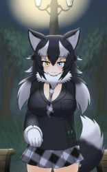 Rule 34 | 1girl, animal ears, between breasts, black hair, blue eyes, blush, breasts, cleavage, commentary, commentary request, fur collar, gloves, grey wolf (kemono friends), heterochromia, highres, kemono friends, large breasts, long hair, looking at viewer, mo23, multicolored hair, necktie, necktie between breasts, outdoors, pencil, skirt, solo, standing, tail, tree, two-tone hair, white gloves, white hair, wolf ears, wolf girl, wolf tail, yellow eyes