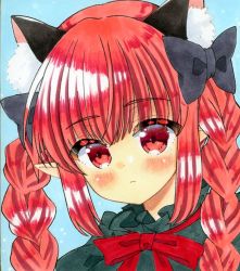 Rule 34 | 1girl, animal ear fluff, animal ears, black bow, blue background, blush, bow, bowtie, braid, cat ears, dress, expressionless, extra ears, frills, green dress, hair bow, kaenbyou rin, long hair, pointy ears, portrait, red bow, red bowtie, sidelocks, simple background, solo, touhou, twin braids, twintails, zenra1112