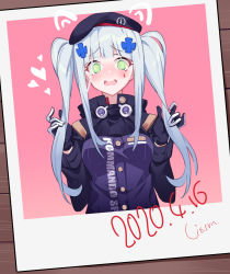 Rule 34 | 1girl, @ @, alternate costume, animal ears, beret, breasts, cat ears, clothes writing, dated, embarrassed, girls&#039; frontline, green eyes, hat, hk416 (girls&#039; frontline), holding, holding hair, jacket, litsvn, long hair, military jacket, outstretched hand, photo (object), scar, scar across eye, scar on face, silver hair, solo, twintails, upper body, wavy mouth