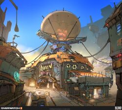 Rule 34 | 2023, arena, balloon, blue sky, building, commentary, concept art, copyright name, english commentary, english text, fence, highres, logo, no humans, official art, outdoors, overwatch, overwatch 2, radio antenna, scenery, shop, sign, sky, spikes, ventilation fan, wire