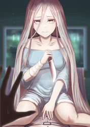 Rule 34 | absurdres, bandages, blue shirt, blue shorts, breasts, brown eyes, crazy, hand up, highres, holding, holding knife, kiiro (cocoa080), knife, long hair, original, pink hair, pov, shirt, shorts, sitting, television, yandere
