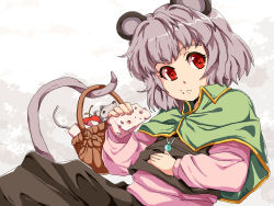 Rule 34 | 1girl, animal ears, bad id, bad pixiv id, basket, cheese, female focus, food, grey hair, jewelry, mouse (animal), mouse ears, mouse tail, nazrin, pendant, red eyes, short hair, solo, tail, tenpura (tenpura621), touhou