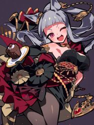 Rule 34 | 1girl, anchor, animal ears, armpits, bare shoulders, black dress, black gloves, blunt bangs, blunt tresses, brown pantyhose, choker, commentary, cupcake, dress, ear ornament, elbow gloves, evening gown, food, gem, gloves, gold footwear, gold ship (la mode 564) (umamusume), gold ship (umamusume), gown, grey background, grey hair, high ponytail, highres, holding, holding plate, horse ears, horse girl, long hair, looking at viewer, official alternate costume, official alternate hairstyle, one eye closed, open mouth, pantyhose, pink eyes, plate, red gemstone, sandals, sidelocks, solo, suzu i, tassel, teeth, twitter username, umamusume, upper teeth only, v-shaped eyebrows, watermark, yellow footwear