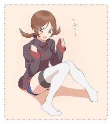 Rule 34 | 1girl, bad id, bad twitter id, blush, borrowed clothes, brown eyes, brown hair, clenched hands, cosplay, creatures (company), game freak, jacket, long sleeves, lyra (pokemon), nintendo, open mouth, pokemon, pokemon hgss, silver (pokemon), silver (pokemon) (cosplay), sitting, smile, solo, thighhighs, twintails, yairo (sik s4)