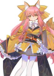 Rule 34 | 1girl, animal ear fluff, animal ears, blush, bow, fate/samurai remnant, fate (series), fox ears, fox girl, fox tail, highres, japanese clothes, kimono, long hair, looking at viewer, pantyhose, pink hair, sasa necoco, short kimono, simple background, sleeves past fingers, sleeves past wrists, smile, solo, tail, tamamo (fate), tamamo aria (fate), very long hair, white background, white bow, white pantyhose, wide sleeves, yellow eyes, yellow kimono