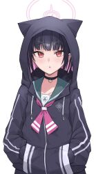 Rule 34 | 1girl, animal ear hood, animal ears, bag (chrko bag), black choker, black hair, black hoodie, blue archive, blush, cat ears, choker, collarbone, colored inner hair, extra ears, fake animal ears, green sailor collar, halo, hands in pockets, highres, hood, hood up, hoodie, kazusa (blue archive), looking at viewer, multicolored hair, neckerchief, open mouth, pink hair, pink halo, pink neckerchief, red eyes, sailor collar, simple background, solo, trinity general school logo, upper body, white background