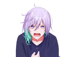 Rule 34 | 1boy, blue eyes, blue hair, blue shirt, clutching chest, clutching clothes, crying, crying with eyes open, highres, long sleeves, male focus, multicolored hair, nyamnyam0502, open mouth, paradox live, purple hair, shirt, solo, tearing up, tears, white background, yatonokami kanata