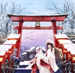 Rule 34 | 1girl, architecture, bad id, bad pixiv id, black hair, branch, east asian architecture, fate/grand order, fate (series), hat, japanese clothes, kimono, lantern, long hair, looking at viewer, nicky w, oryou (fate), red eyes, shiromuku, shrine, sitting, snow, snowing, stairs, torii, tree, uchikake