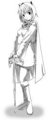 Rule 34 | 1990s (style), 1girl, :o, animal ears, axe, boots, cape, cloak, final fantasy, final fantasy iii, fujitsuki, full body, greyscale, head tilt, knee boots, lineart, long sleeves, looking at viewer, monochrome, parted lips, refia, retro artstyle, short hair, simple background, solo, standing, weapon, white background