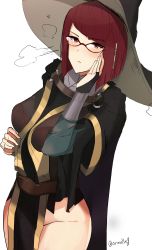 Rule 34 | 1girl, absurdres, bra visible through clothes, cape, fire emblem, fire emblem awakening, glasses, hat, highres, looking at viewer, miriel (fire emblem), nintendo, no pants, ormille, red hair, short hair, simple background, solo, white background, witch hat