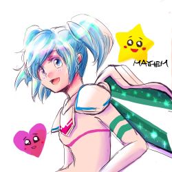 Rule 34 | 1girl, armor, blue eyes, blue hair, bodysuit, character name, commentary request, general sweet mayhem, heart, heterochromia, highres, medium hair, open mouth, pink eyes, shoulder armor, simple background, smile, solo, star (symbol), takumiiroiro, the lego group, the lego movie 2: the second part, twintails, upper body, white background, white bodysuit