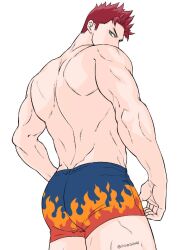 Rule 34 | 1boy, aged down, blue eyes, boku no hero academia, dimples of venus, endeavor (boku no hero academia), flame print, from behind, looking at viewer, looking back, male focus, muscular, muscular male, red hair, shiroshiro69, simple background, spiked hair, topless male, twitter username, underwear, white background