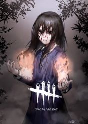 Rule 34 | 1girl, alessa gillespie, black hair, blood, closed mouth, dead by daylight, dress, english text, fire, long hair, looking at viewer, silent hill, silent hill (movie), silent hill (series), solo
