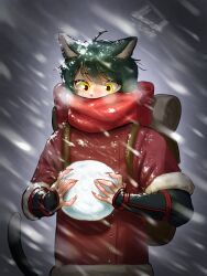 1girl androgynous animal_ear_fluff animal_ears buttons cat_ears cat_girl cat_tail commentary dungeon_meshi english_commentary grey_background highres holding holding_snowball izutsumi kimchunsik official_alternate_costume red_scarf scarf snow snowball snowing solo tail tail_raised winter_clothes