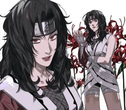 Rule 34 | 1girl, arm under breasts, bandaged arm, bandaged hand, bandaged leg, bandages, bare shoulders, black hair, breasts, brown eyes, closed mouth, commentary request, cowboy shot, fishnet top, fishnets, flower, headband, highres, itachi3413, korean commentary, large breasts, long hair, looking at viewer, messy hair, naruto (series), parted bangs, parted lips, red flower, robe, solo, spider lily, upper body, wavy hair, white robe, yuuhi kurenai