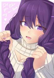 Rule 34 | 1girl, alternate hairstyle, artist name, braid, breasts, cleavage, cleavage cutout, clothing cutout, commentary, doki doki literature club, english commentary, english text, eyes visible through hair, hair between eyes, hair ornament, hairclip, highres, holding, holding hair, large breasts, long hair, long sleeves, looking at viewer, nail polish, open mouth, purple eyes, purple hair, purple nails, raion (raionart), ribbed sweater, solo, sweater, turtleneck, turtleneck sweater, twin braids, upper body, white sweater, yuri (doki doki literature club)