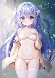 Rule 34 | 1girl, absurdres, blue eyes, bra, breasts, cameltoe, choker, classroom, collarbone, cowboy shot, fengshen chino, gluteal fold, gochuumon wa usagi desu ka?, hair ornament, heart, heart choker, highres, indoors, jacket, kafuu chino, long hair, looking at viewer, navel, off shoulder, open mouth, panties, pink bra, pink panties, small breasts, smile, thighhighs, two side up, underwear, white thighhighs, x hair ornament