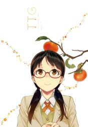 Rule 34 | 1girl, blazer, blush, branch, brown eyes, brown hair, food, food on head, fruit, fruit on head, glasses, jacket, leaf, low twintails, md5 mismatch, object on head, original, own hands together, persimmon, resized, revision, sasamori tomoe, school uniform, smile, solo, twintails, upscaled