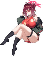 Rule 34 | 1girl, absurdres, ass, bare shoulders, black socks, blue archive, blush, breasts, china dress, chinese clothes, choker, closed mouth, crossed legs, dark red hair, dishui tangni, dress, feet, gradient hair, hair between eyes, hair bun, halo, highres, huge breasts, invisible chair, jacket, legs, light frown, looking at viewer, mole, mole on leg, multicolored hair, open clothes, open jacket, red eyes, reijo (blue archive), sideboob, simple background, sitting, skindentation, socks, solo, taut clothes, taut dress, thigh strap, white background