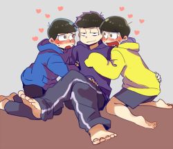 Rule 34 | 10s, 3boys, arm around waist, barefoot, black hair, bowl cut, boy sandwich, brothers, crossed legs, drooling, hand on another&#039;s thigh, hand on thigh, heart, heart-shaped pupils, heart in mouth, hood, hoodie, incest, kneeling, kuuya (akagane001), male focus, matsuno ichimatsu, matsuno jyushimatsu, matsuno karamatsu, messy hair, multiple boys, open mouth, osomatsu-kun, osomatsu-san, osomatsu (series), pants, sandwiched, shorts, siblings, single vertical stripe, sitting, sleeves past wrists, smile, symbol-shaped pupils, track pants, yaoi
