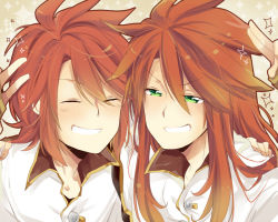 Rule 34 | 00s, 2boys, dual persona, closed eyes, green eyes, long hair, luke fon fabre, male focus, multiple boys, red hair, short hair, smile, sparkle, tales of (series), tales of the abyss, teeth, touyama soboro
