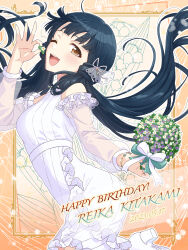 Rule 34 | 1girl, 2023, absurdres, bare shoulders, black hair, blue hair, blush, border, bouquet, bow, bracelet, breasts, brown eyes, character name, commentary request, dress, flower, framed, frilled dress, frills, happy birthday, highres, holding, holding bouquet, idolmaster, idolmaster million live!, idolmaster million live! theater days, jewelry, kitakami reika, long hair, long sleeves, looking at viewer, low twintails, manicure, medium breasts, nail polish, one eye closed, open mouth, ornate border, ribbon, see-through, see-through sleeves, shiro (ongrokm), smile, solo, twintails, very long hair, white dress
