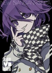 Rule 34 | 1boy, belt, black background, black scarf, buttons, checkered clothes, checkered scarf, commentary, copyright name, danganronpa (series), danganronpa v3: killing harmony, double-breasted, fingernails, grin, hair between eyes, hand on own face, head tilt, highres, jacket, long sleeves, male focus, multicolored background, oma kokichi, purple eyes, purple hair, sameyama jiro, scarf, short hair, simple background, smile, solo, two-tone scarf, upper body, white belt, white jacket, white scarf, wrist belt