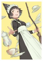 Rule 34 | 1girl, apron, back bow, black dress, black hair, bow, breasts, broom, brown eyes, commentary request, cup, dress, grin, holding, holding broom, large bow, long hair, maid, maid headdress, mogumo, mole, mole under mouth, pouring, saucer, small breasts, smile, solo, standing, tea, teacup, teapot, waist apron, white background, yellow background