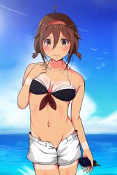 Rule 34 | 10s, 1girl, ahoge, bikini, blush, breasts, brown eyes, brown hair, gradient background, hair ornament, hairband, highres, kantai collection, looking at viewer, open mouth, red hairband, shiratsuyu (kancolle), short hair, smile, solo, swimsuit, zeroyama