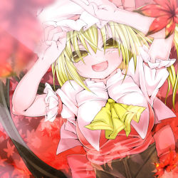Rule 34 | 1girl, :d, alternate eye color, ascot, autumn, autumn leaves, blonde hair, blush, bow, breasts, female focus, flandre scarlet, hat, hat bow, karasawa-40, large breasts, leaf, open mouth, short hair, side ponytail, smile, solo, touhou, upper body, wings, yellow eyes
