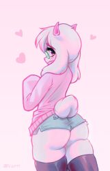 Rule 34 | 1boy, animal ears, black thighhighs, blush, deltarune, eyewear on head, feminine, floppy ears, glasses, goat, goat boy, heart, horns, hotpants, looking at viewer, looking back, open mouth, pink eyes, pink horns, pink shirt, pink sweater, ralsei, shirt, shorts, signature, standing, sweater, tail, thighhighs, valeria fills, white fur, white hair