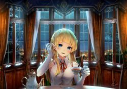 Rule 34 | 1girl, armpits, backlighting, bare shoulders, blonde hair, blue eyes, bra strap, breasts, chair, collared shirt, cup, curtains, dress shirt, elbow gloves, elf, elf no radral, gloves, hairband, hand up, highres, holding, indoors, kito koruta, long hair, looking at viewer, medium breasts, neck ribbon, night, open mouth, original, partially unbuttoned, pointy ears, red ribbon, ribbon, shirt, sitting, sleeveless, sleeveless shirt, smile, solo, steam, table, tea, teacup, teapot, white gloves, white shirt, window