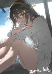 Rule 34 | 10s, 2016, absurdres, bottomless, brown eyes, brown hair, dated, dutch angle, haruna (kancolle), highres, hunter.g, kantai collection, long hair, looking at viewer, sitting, smile, solo