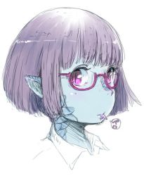 Rule 34 | 1girl, bad id, bad twitter id, blue skin, bob cut, collared shirt, colored skin, forked tongue, from side, glasses, looking at viewer, looking to the side, monster girl, nucomas, original, pink-framed eyewear, pointy ears, portrait, purple eyes, purple hair, scales, semi-rimless eyewear, shirt, short hair, slit pupils, solo, tongue, tongue out, under-rim eyewear, white shirt, wing collar