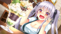 Rule 34 | 1girl, blush, breasts, cleavage, dutch angle, fang, food, food focus, game cg, hair ribbon, hand on own cheek, hand on own face, ice cream, kimi to yumemishi, large breasts, long hair, open mouth, orange eyes, ribbon, shigure (kimi to yumemishi), shimofuri, silver hair, solo, sparkling eyes, spoon, suspenders, table, twintails