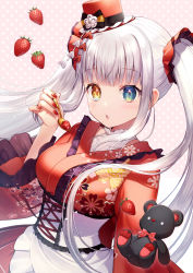 Rule 34 | 1girl, apron, blue eyes, blush, bow, bowtie, breasts, brown eyes, commentary request, fingernails, floral print, food, frilled apron, frills, fruit, hand up, hat, heterochromia, highres, holding, holding spoon, japanese clothes, kagura gumi, kagura mea, kimono, long hair, long sleeves, looking at viewer, medium breasts, mini hat, mini top hat, momoshiki tsubaki, nail polish, parted lips, print kimono, red bow, red bowtie, red hat, red kimono, red nails, solo, spoon, strawberry, stuffed animal, stuffed toy, teddy bear, tilted headwear, top hat, twintails, very long hair, virtual youtuber, waist apron, white apron, white hair, wide sleeves
