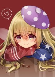 Rule 34 | 1girl, absurdres, acorn, adapted costume, american flag jacket, american flag print, beret, blonde hair, blue jacket, blush, casual, clownpiece, commentary request, contemporary, elbow rest, fairy wings, hair between eyes, hat, head rest, heart, highres, jacket, long hair, long sleeves, mimoto (aszxdfcv), polka dot, polka dot headwear, print jacket, puffy sleeves, purple hat, red background, red jacket, simple background, smile, solo, spoken heart, star (symbol), star print, striped clothes, striped jacket, touhou, wings, yellow eyes