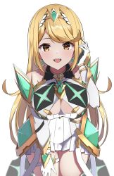 Rule 34 | 1girl, bare shoulders, blonde hair, breasts, chest jewel, cleavage, cleavage cutout, clothing cutout, dress, earrings, elbow gloves, gem, gloves, headpiece, highres, jewelry, large breasts, mythra (xenoblade), short dress, solo, swept bangs, tiara, tsumugi 1210, white dress, white gloves, xenoblade chronicles (series), xenoblade chronicles 2, yellow eyes