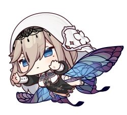 Rule 34 | 1girl, aponia (honkai impact), black footwear, black sleeves, blue eyes, butterfly wings, chibi, chinese commentary, closed mouth, flying, hair between eyes, highres, honkai (series), honkai impact 3rd, insect wings, light brown hair, long bangs, long hair, long sleeves, mole, mole under eye, nun, official art, open hands, solo, transparent background, v-shaped eyebrows, veil, wings