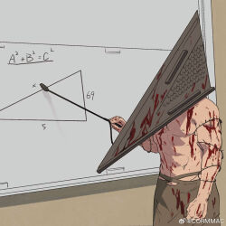 Rule 34 | 1boy, abs, adios, blood, feet out of frame, helmet, highres, large pectorals, male focus, math, muscular, muscular male, object head, pectorals, pyramid head, silent hill (series), silent hill 2, solo, teaching, thick thighs, thighs, whiteboard