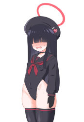 Rule 34 | 1girl, absurdres, alternate costume, beret, black hair, black leotard, black thighhighs, blue archive, blush, breasts, cleft of venus, halo, hat, highres, justice task force member (blue archive), leotard, long hair, school uniform, serafuku, simple background, small breasts, solo, thighhighs, white background, yamatotatari