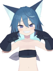Rule 34 | 1girl, absurdres, animal ear fluff, animal ears, bandeau, bare shoulders, black bandeau, black gloves, blue hair, blush, collarbone, commentary, fingers to cheeks, gloves, grin, hair between eyes, hands up, highres, long hair, looking at viewer, navel, original, pappii (paprika shikiso), paprika shikiso, purple eyes, simple background, smile, solo, strapless, upper body, white background