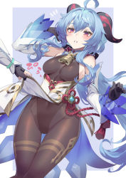 Rule 34 | 1girl, ahoge, bare shoulders, bell, blue hair, blush, bodystocking, bodysuit, breasts, brown bodysuit, clothes grab, cowbell, detached sleeves, ganyu (genshin impact), genshin impact, goat horns, horns, large breasts, long hair, looking at viewer, lumine (genshin impact), neck bell, out of frame, purple eyes, smile, solo focus, yoshimoto (dear life)