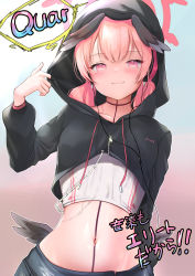 Rule 34 | 1girl, black hoodie, black skirt, black wings, blue archive, blush, closed mouth, collarbone, commentary request, commission, crop top, feathered wings, goldowl, halo, hand up, head wings, headphones, highres, hood, hood up, hoodie, koharu (blue archive), long hair, long sleeves, looking at viewer, low twintails, low wings, mini wings, navel, pink eyes, pink hair, pixiv commission, puffy long sleeves, puffy sleeves, revision, shirt, skirt, smile, solo, translation request, twintails, white shirt, wings