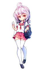 Rule 34 | 1girl, ahoge, bag, cellphone, character request, full moon, headphones, highres, long hair, low twintails, moon, phone, pink eyes, pink hair, poseich, red skirt, school uniform, serafuku, shirt, shoes, short twintails, simple background, skirt, smartphone, solo, thighhighs, twintails, unleashed, white background, white shirt, white thighhighs
