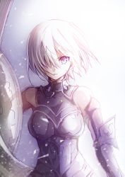 Rule 34 | 1girl, armor, breasts, breasts apart, detached sleeves, fate/grand order, fate (series), floating hair, grey eyes, hair over one eye, highres, holding, holding shield, large breasts, looking at viewer, mash kyrielight, mintes, parted lips, shield, short hair, silver hair, sketch, solo, sweatdrop, upper body