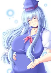 Rule 34 | 1girl, ^ ^, blue hair, blush, bow, breasts, choker, closed eyes, dress, female focus, gradient background, hair tubes, hand on own stomach, happy, hat, kamishirasawa keine, large breasts, long hair, pregnant, sidelocks, simple background, smile, solo, touhou, wontam