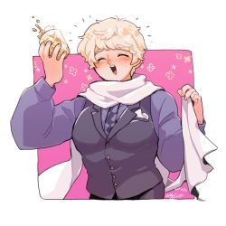 Rule 34 | 1boy, ^ ^, ^o^, alcohol, axis powers hetalia, beer, blonde hair, blue shirt, blush, breast pocket, checkered necktie, closed eyes, cowboy shot, cup, dated, happy, holding, holding cup, ice, ice cube, large pectorals, long sleeves, male focus, muscular, muscular male, napkin holder, necktie, official alternate costume, outside border, pectorals, pink background, pocket, russia (hetalia), scarf, shirt, short hair, signature, te shiro, teeth, toasting (gesture), upper teeth only, waistcoat, white scarf